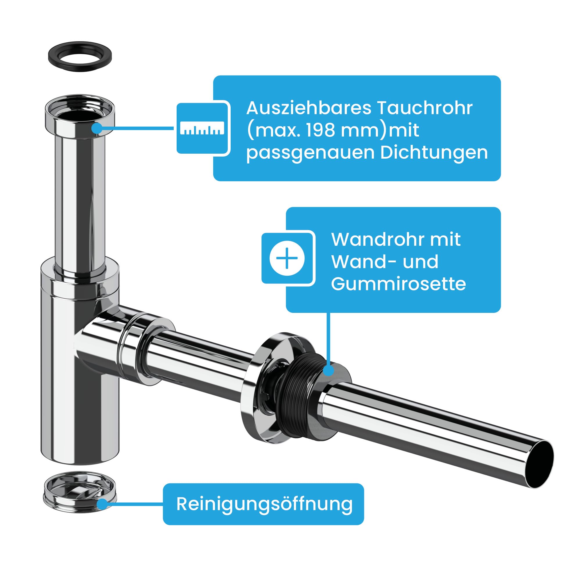 Bächlein Design Siphon Universal für Waschbecken & Waschtisch - Abflussgarnitur passgenau - Geruchsverschluss mit Reinigungsöffnung + Einbauanleitung - Designsiphon Ablaufgarnitur Röhrensiphon