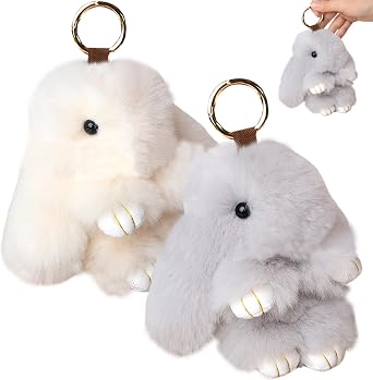 Bunny Keychain 2Pcs 6in Furry Rabbit Keychain Artificial Hanging Plush Keychain Decorative Fluffy Keychain for Backpack, Car Key, Hand Bag and More, Geige + Light Grey
