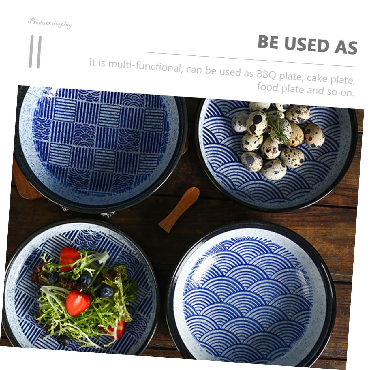 POPETPOP Assiette Creuse en Céramique Bleu Style Japonerie Vintage, Plat Pratique et Facile à Nettoyer pour Servir Repas et Snacks la Maison