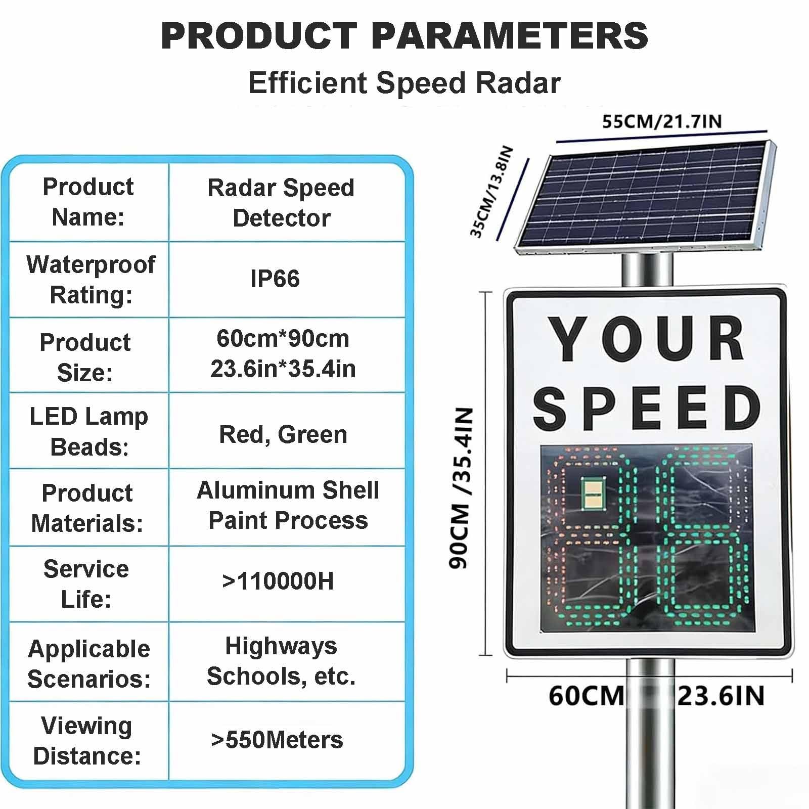 Señal de Radar de Límite de Velocidad con Energía Solar de 60 x 90 cm (23,6 x 35,4 Pulgadas), Señal de Retroalimentación de Radar de Velocidad, Detector de Velocidad Digital para Calles