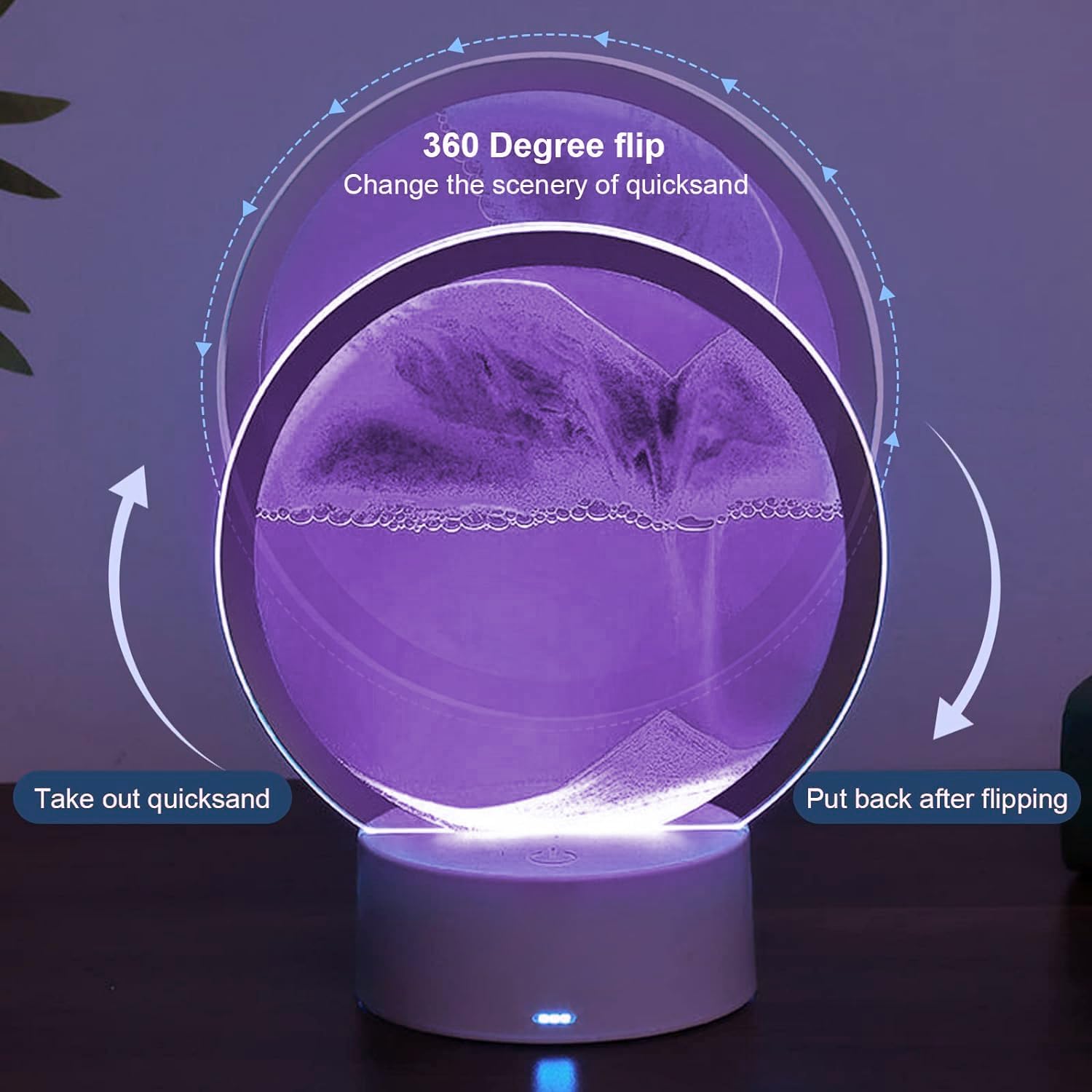 Dnil Quicksand Night Light for Bedside & Kids Desk, 3D Moving Sand Art Lamp, Colorful Glass Decor (Purple)