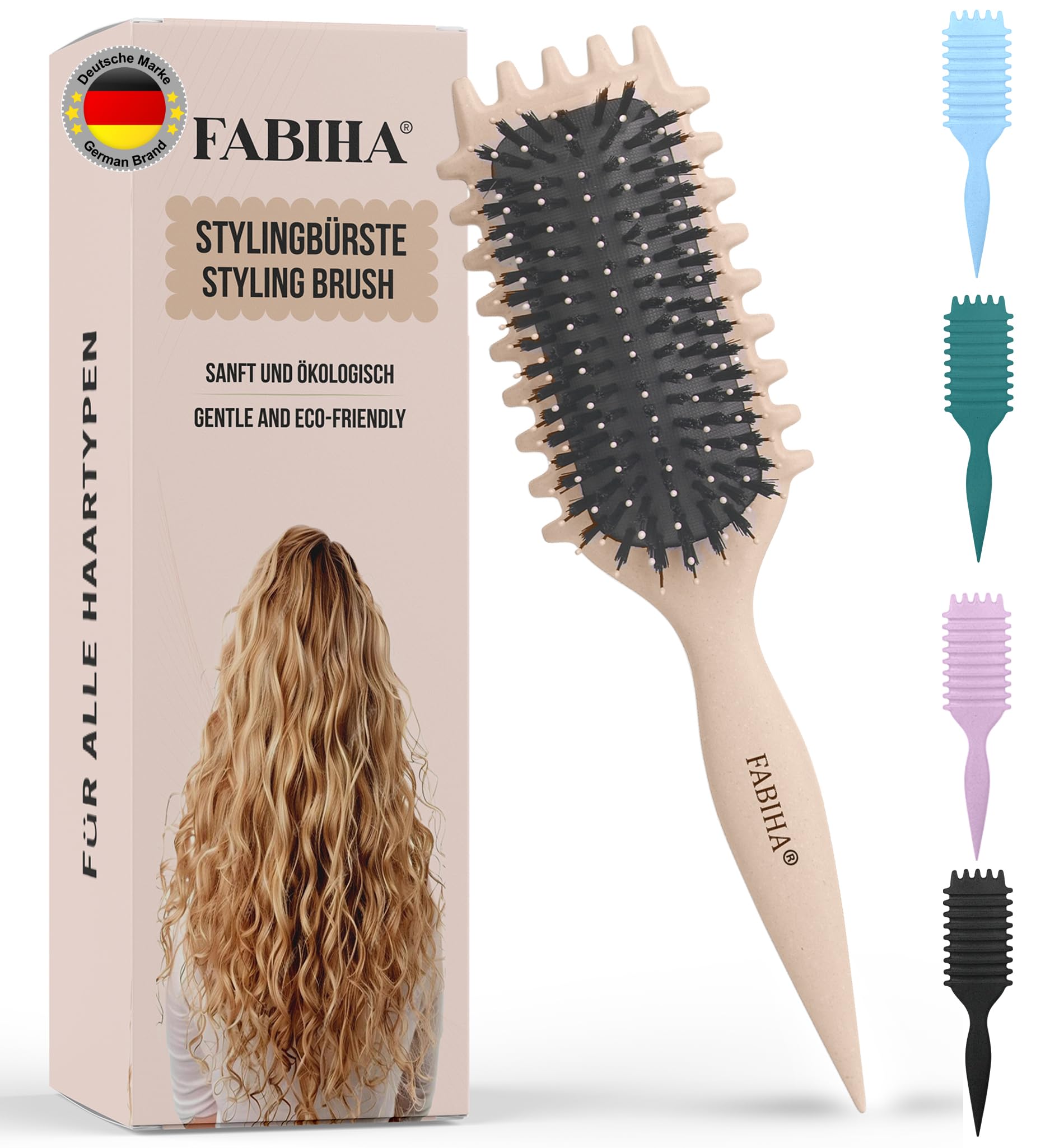FABIHA® 𝐏𝐑𝐄𝐌𝐈𝐔𝐌 Lockenbürste - Curly Hair Brush - Bio Haarbürste ohne ziepen - Wildschweinborsten Bürste - Die Originale 3-in-1-Stylingbürste für trendige Lockenfrisuren (Beige)
