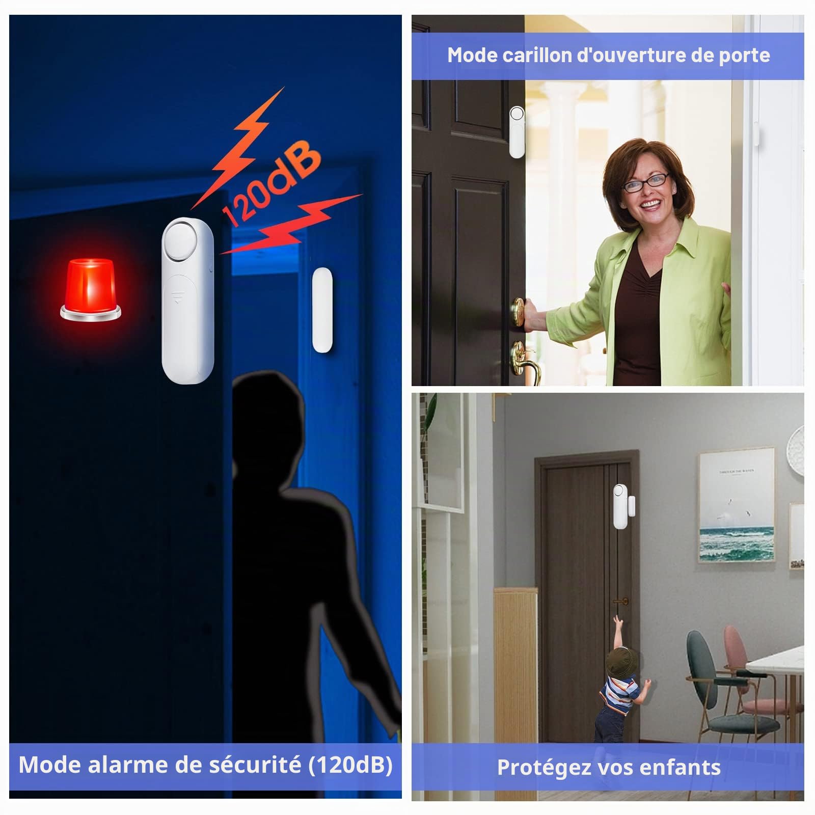 Alarme Porte et Fenetre, Détecteur Ouverture de Porte, 3 Modes Kit Alarme Maison sans Fil, Alarme de Porte avec 3 Télécommandes, Ldéal pour la Maison, Garage, Bureau et Magasin