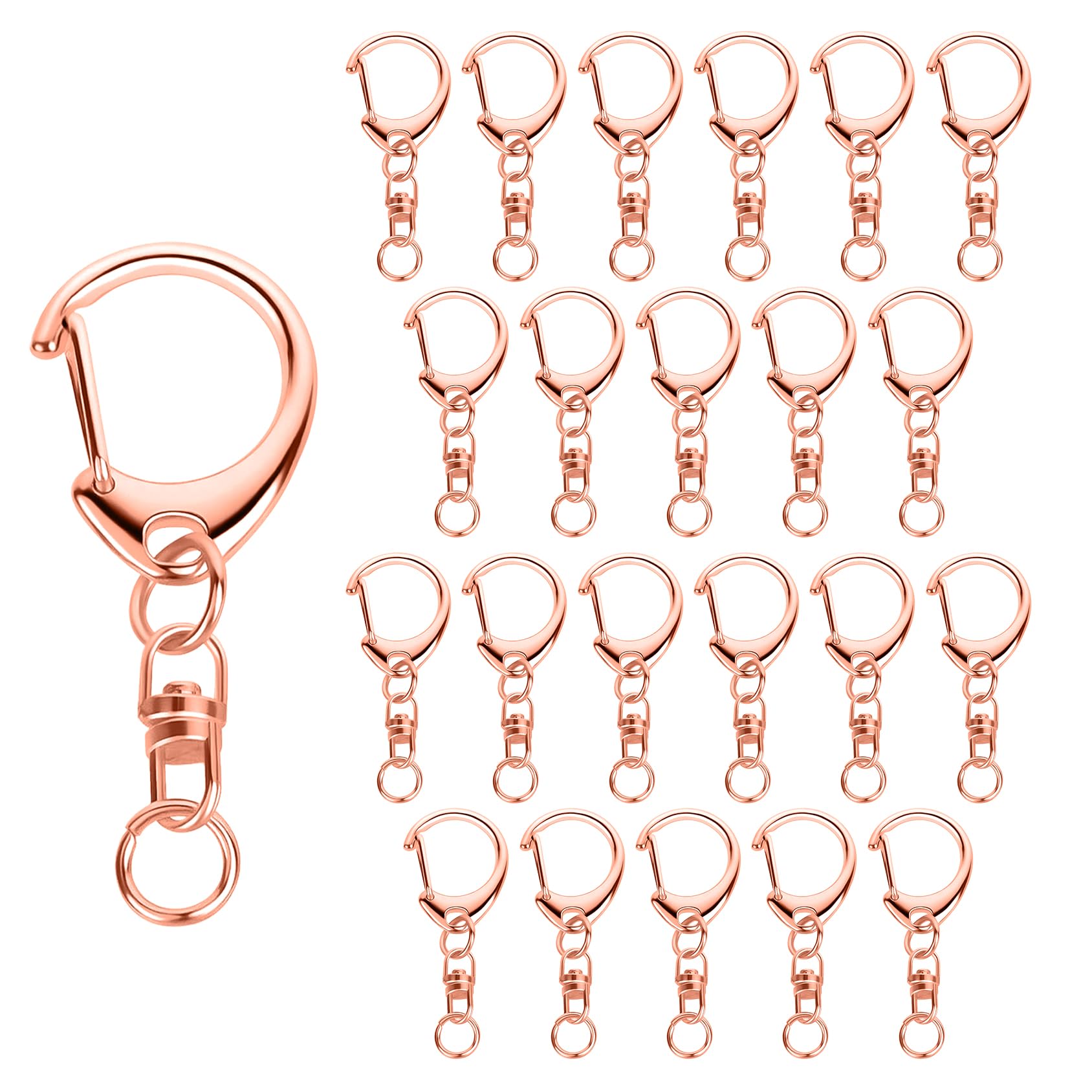 Xrkuu 50 Pcs Rose Gold Keyring Hooks, Metal D Ring Snap Hooks with 360° Swivel Clasps & Split Rings, Metal Lobster Claw Lanyard Clips for DIY Crafting, Jewellery Making & Bag Charms
