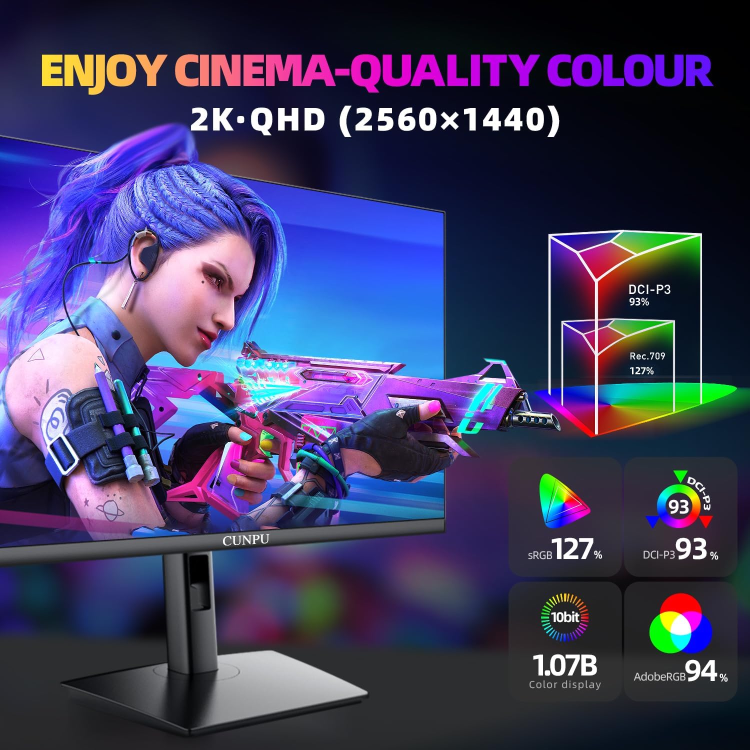 CUNPU QHD 2560 x 1440 Monitor de juego de 27 pulgadas, 180Hz (hasta 200Hz), GTG de 1 ms, IPS rápido, DCI-P3 93%, alto brillo 450cd/㎡, G-Sync y FreeSync, soporte de inclinación, DP/HDMI, monitor 2K de