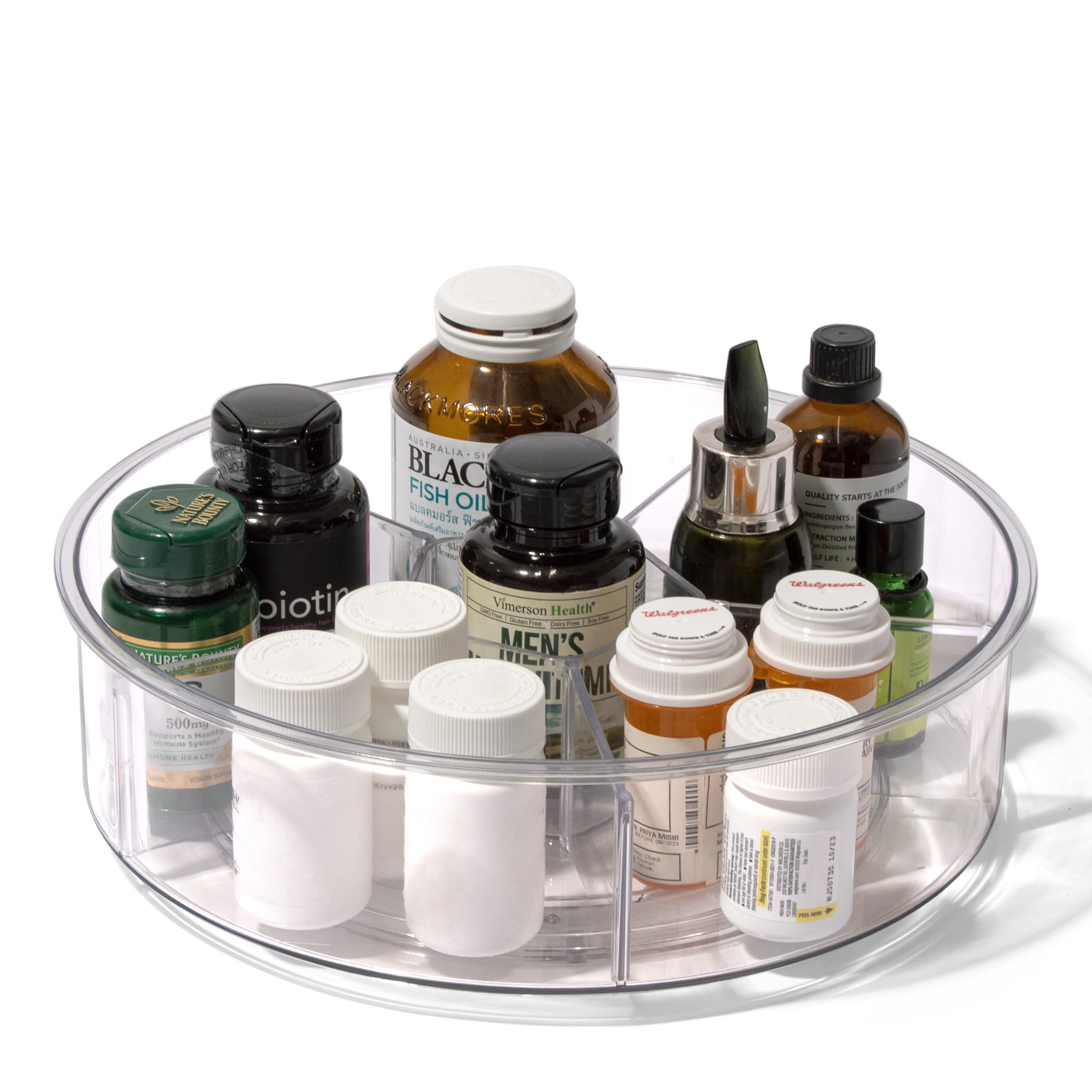 BINO Organizador redondo de plástico con 6 compartimentos, transparente, contenedor giratorio dividido para tocadiscos, almacenamiento giratorio para botellas, condimentos, nevera, cocina, despensa,