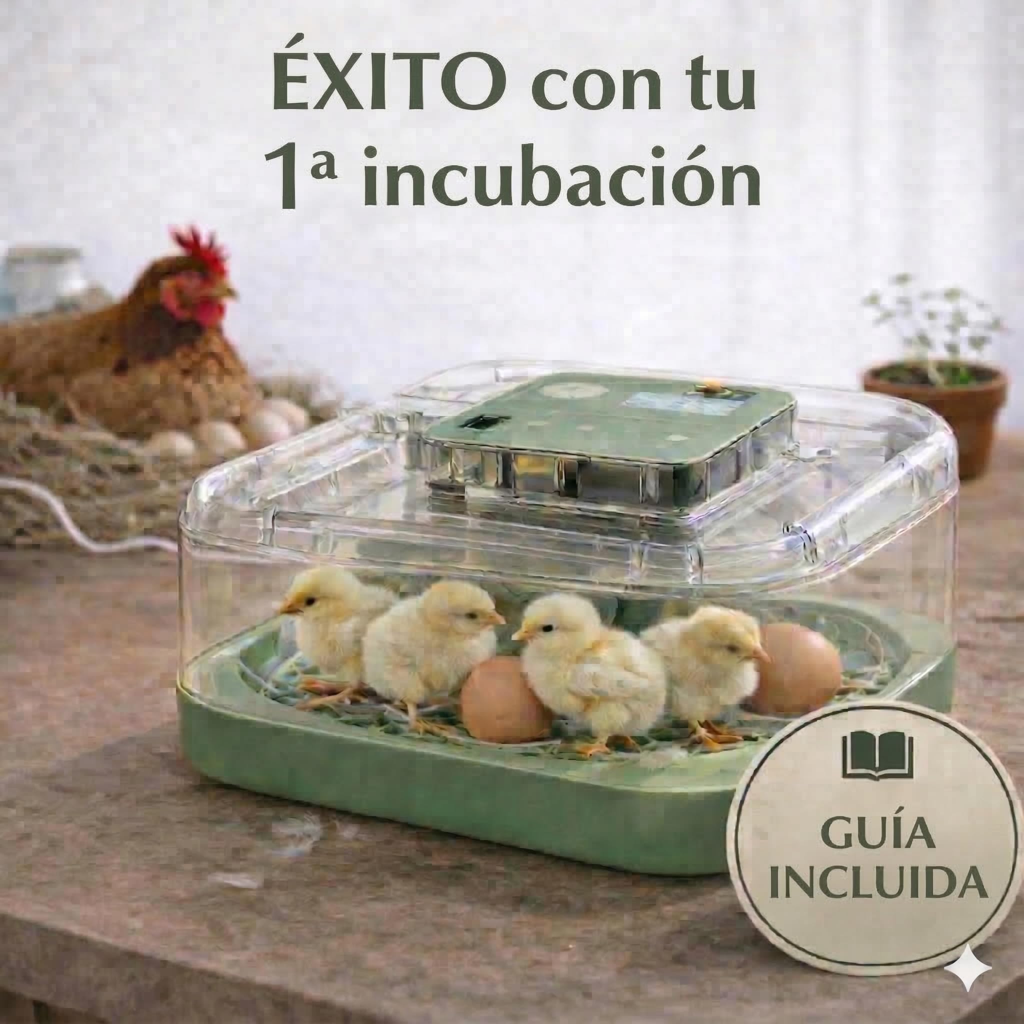 Egg&Co Start 12 – Incubadora automática 12 huevos gallina (36 codorniz). Control preciso de humedad, volteo automático, botella y ovoscopio incluidos. Ideal para principiantes y expertos.