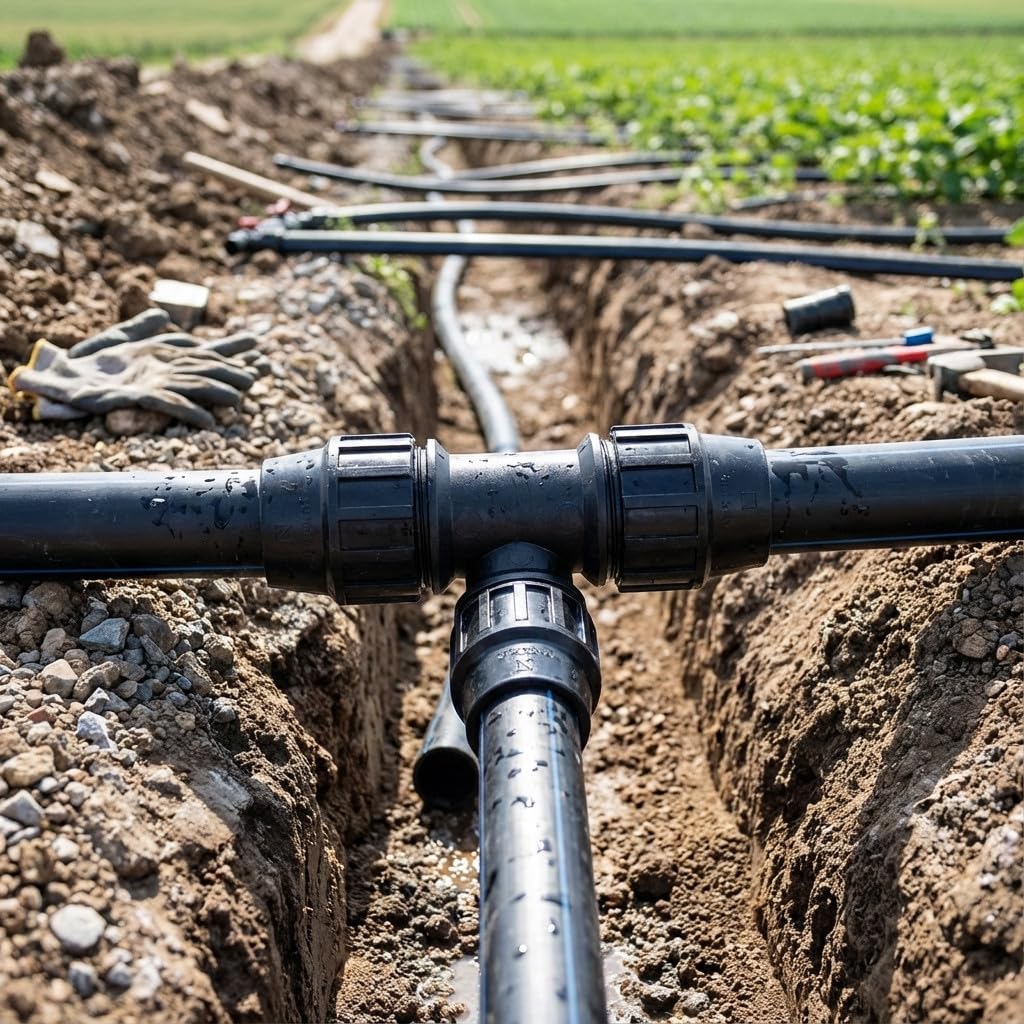 Confezione 4 x TE 50-40-50 mm POLIETILENO. Prodotto certificato AENOR utilizzato su tubi PE 50 mm 1 1/2" e PE 40 mm 1 1/4" per uso idraulico, irrigazione e cantiere.