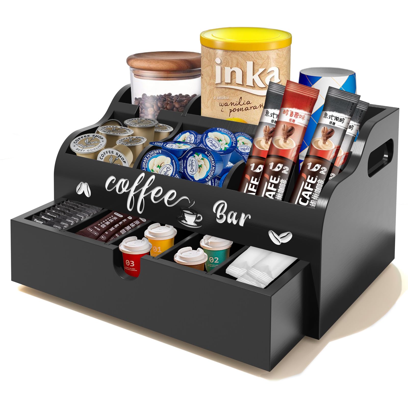 Kaffee Organizer aus Holz, 2 Tiere Kaffeestation mit Schublade für die Arbeitsplatte, Einstellbar Tee Aufbewahrung Gewürz Kaffeebar Kaffeekorbhalter Kaffeezubehör(Schwarz)