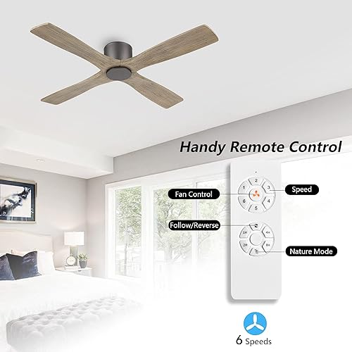 Miniatura 2 de WINGBO Ventilador de techo CC de montaje empotrado de 54 pulgadas sin luces, 4 aspas reversibles de madera tallada, motor de CC silencioso de 6