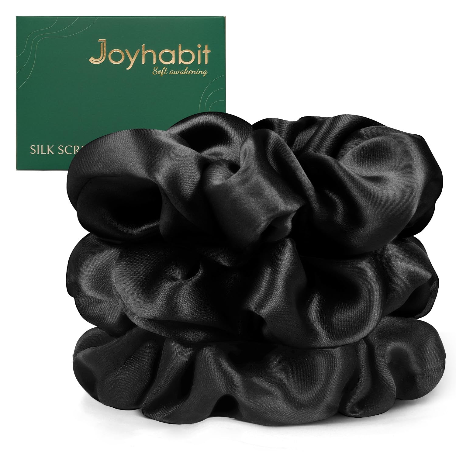Joyhabit Silk Scrunchies for Women and Girls, Black, 3 Pieces, 4CM Hair-Friendly Cute & Durable Hair Ties for Women, Great for Bedtime and Everyday
