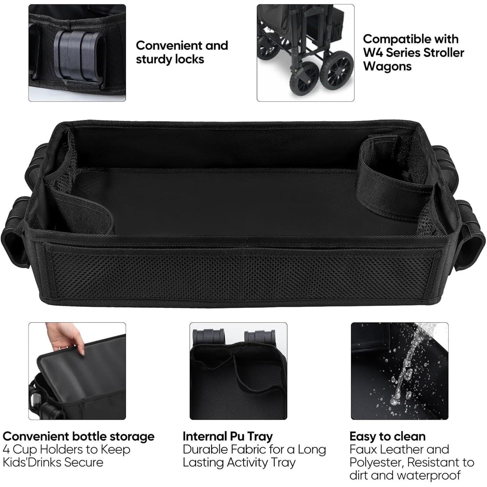 Snacktablett für Kinderwagen, Becherhalter, Snack Organizer Kinderwagentablett, Snacktablett mit 4 Tassenhaltern für unterwegs
