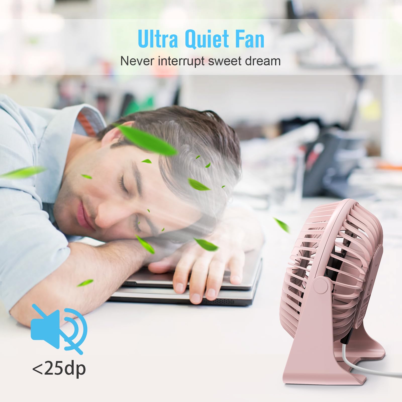 Ventilador de escritorio pequeño USB, ventiladores portátiles con 3 velocidades de flujo de aire fuerte, funcionamiento silencioso y rotación de 360°, ventilador de mesa personal para el hogar, 5
