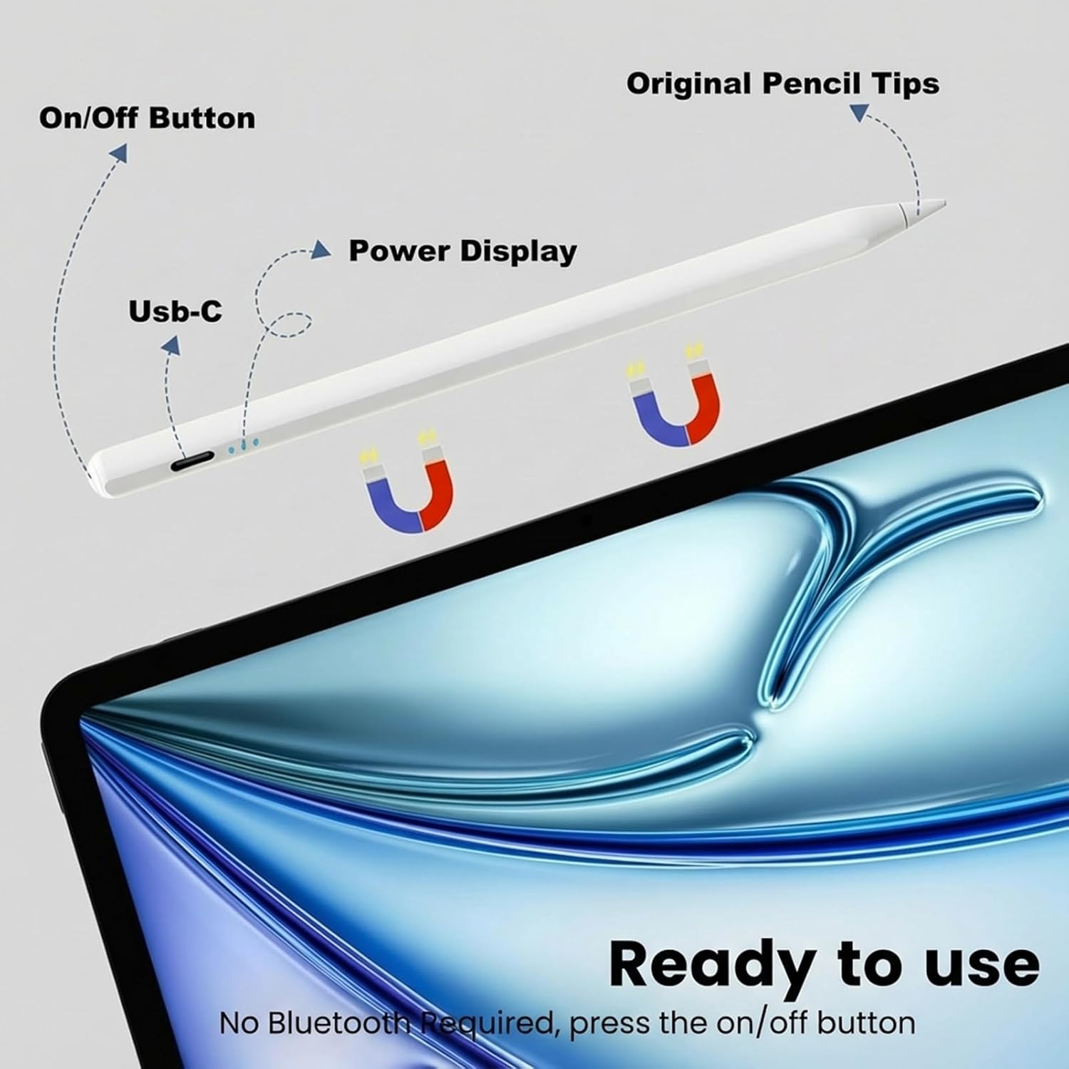 Image highlighting the On/Off button, USB-C port, power display LEDs, and original pencil tips on the stylus pen.