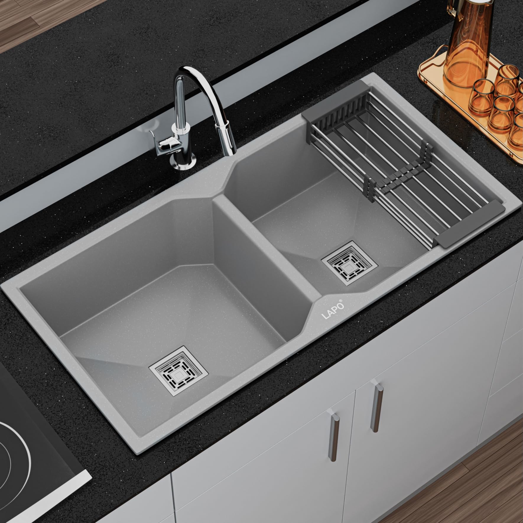 LAPO Granite Double Bowl Kitchen Sink | 37x18 Inches with Tap Hole | UV Resistant Surface & Low Noise Water Splash | Includes Waste Pipe, Coupling & Basket | 3 Years Warranty (Grey Metallic)-image-49