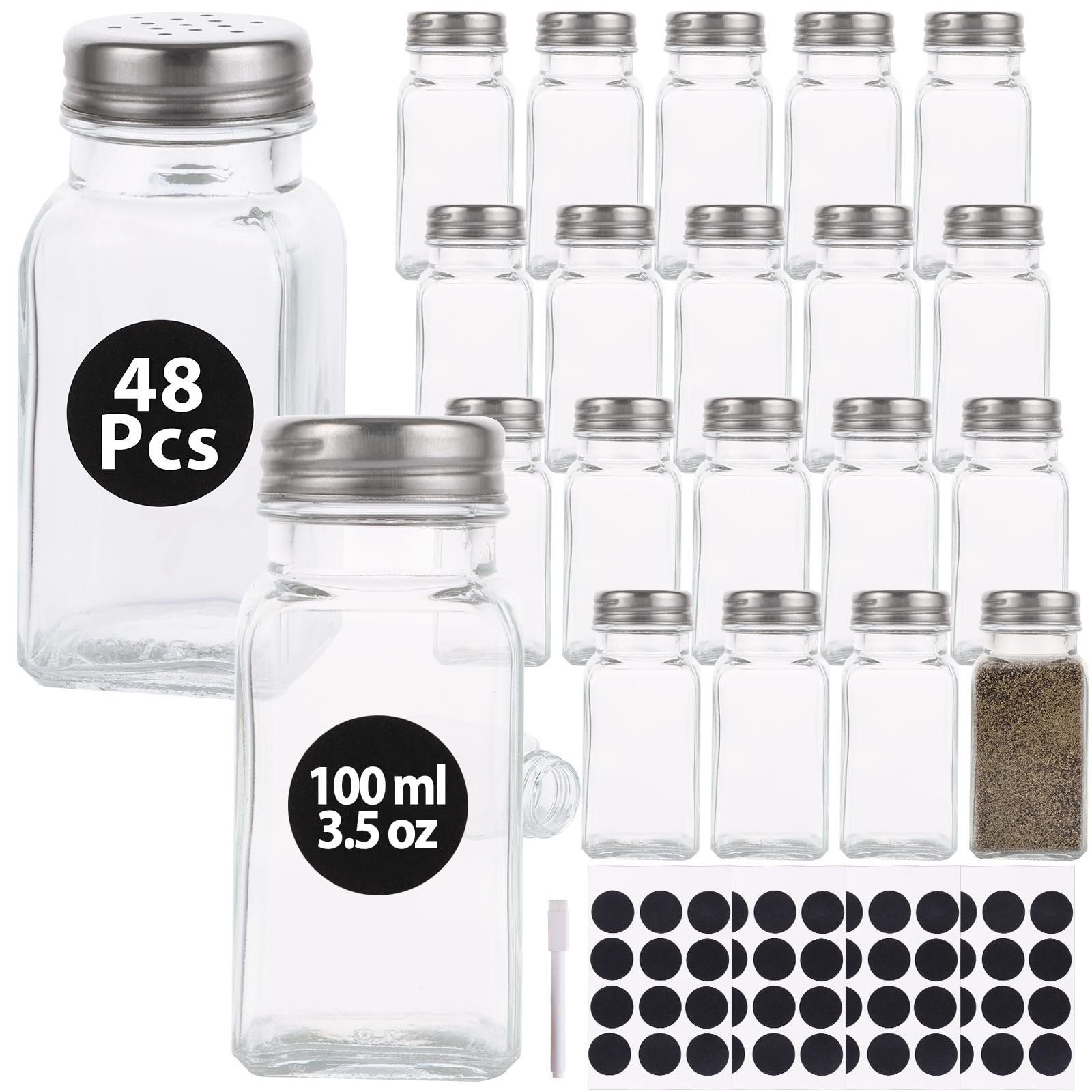 48 saleros y pimenteros, salero de cristal de 9 x 4 cm con tapas perforadas, salero reutilizable con etiquetas y bolígrafos, sin BPA y salero y pimentero desmontables para cocina y cafetería