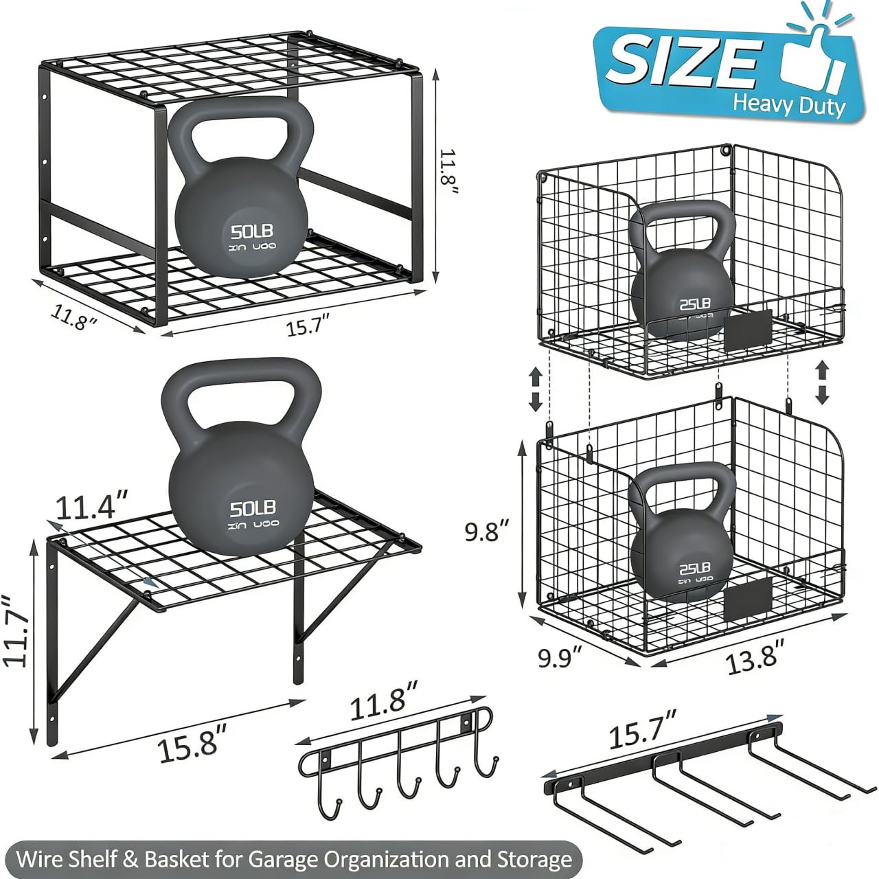 Scaffalatura per Garage Resistente con Cestelli Metallici, Mensole per Lavanderia, Mensole da Parete, Organizer per Attrezzi per Capannone, Giardino, Cucina, Rimorchio