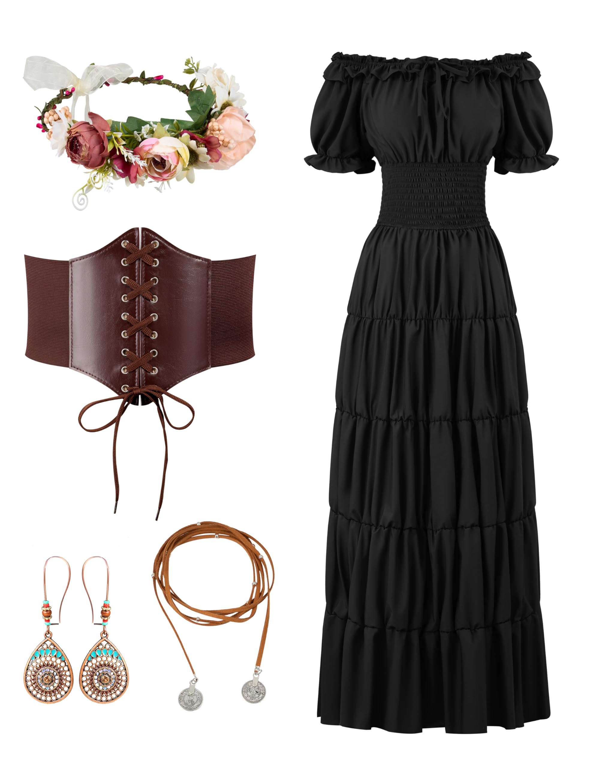 Spooktacular Creations 5Pcs Halloween Renaissance Medieval Dress Costume Women, Fairy Peasant Irish Cottagecore Dress