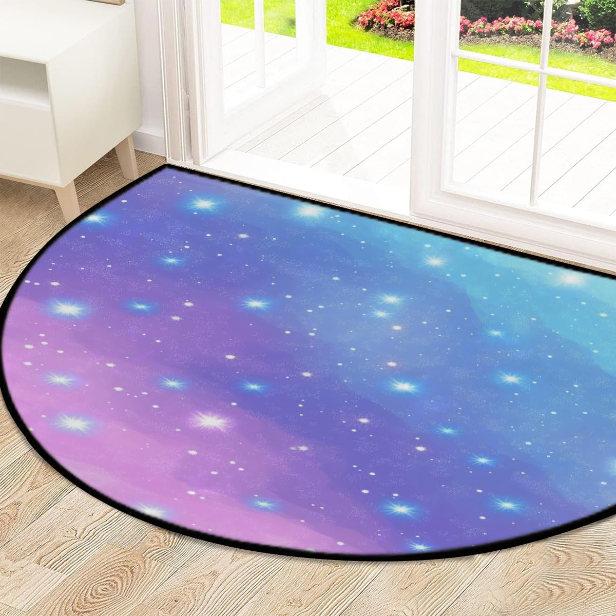 Mexpekil Paillasson demi-lune bleu et violet, motif galaxie, pour intérieur et extérieur, antidérapant, lavable, absorbant, anti-saleté, 100 x 160 cm