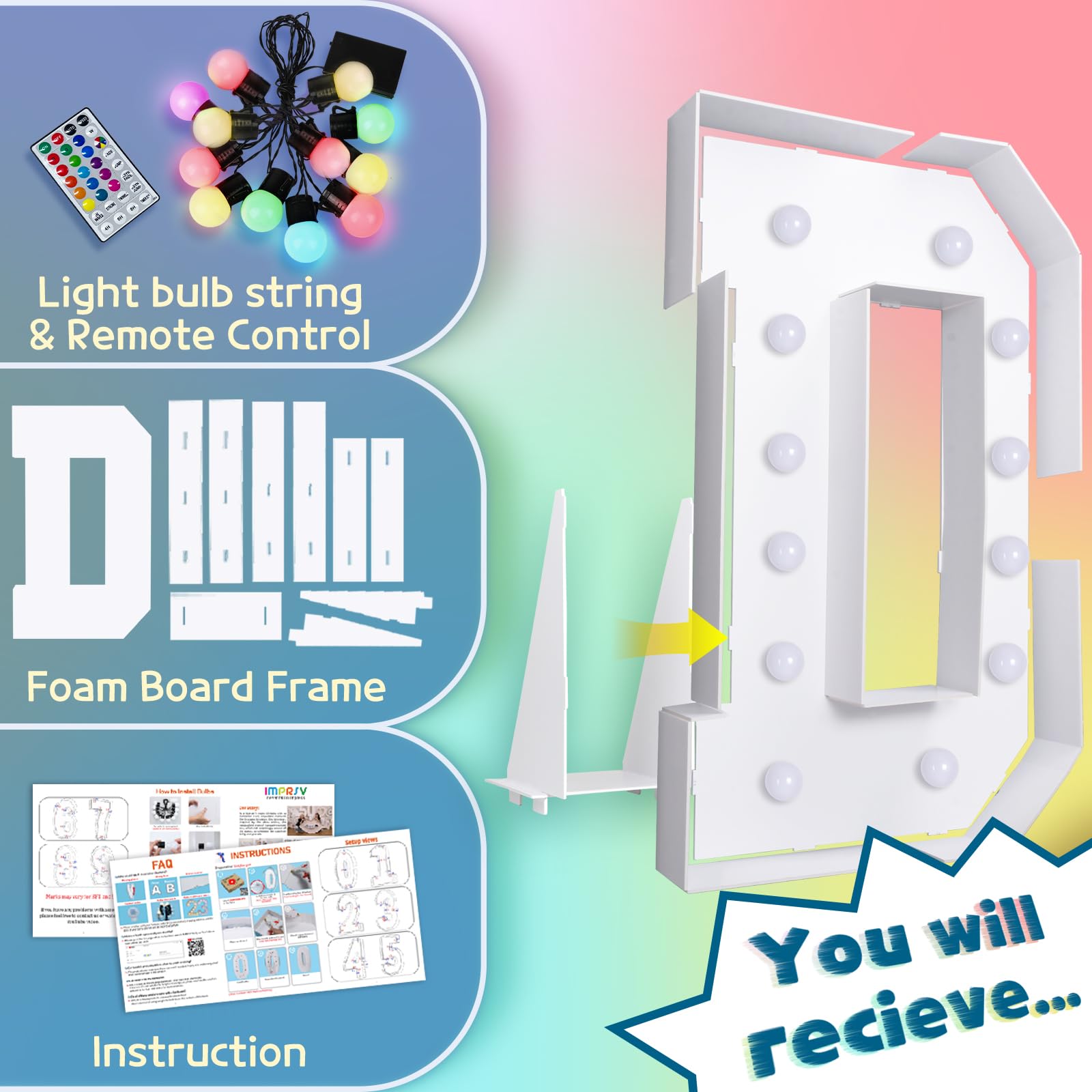 imprsv 4FT Colorful Marquee Light Up Letters D, 18 Colors Light Up Letters Alphabet Sign with Remote, Baby Letters for Baby Shower, Large Letters for Birthday Engagement Wedding Party Decor