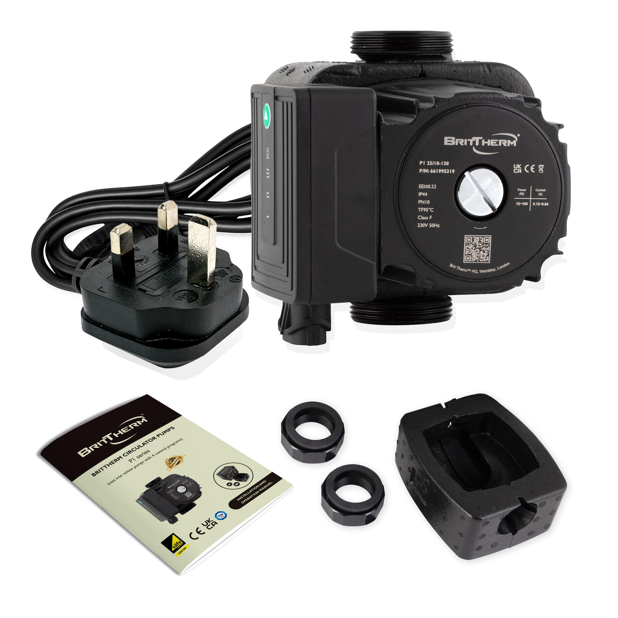 Brittherm P1 25/10-130 A-Rated Central Heating Circulating Pump | 10M Head, 5.7 M3/H Max Flow, Eei <0.22 | Auto/Night Modes, 130Mm Port-To-Port, 1 1/2" Connections
