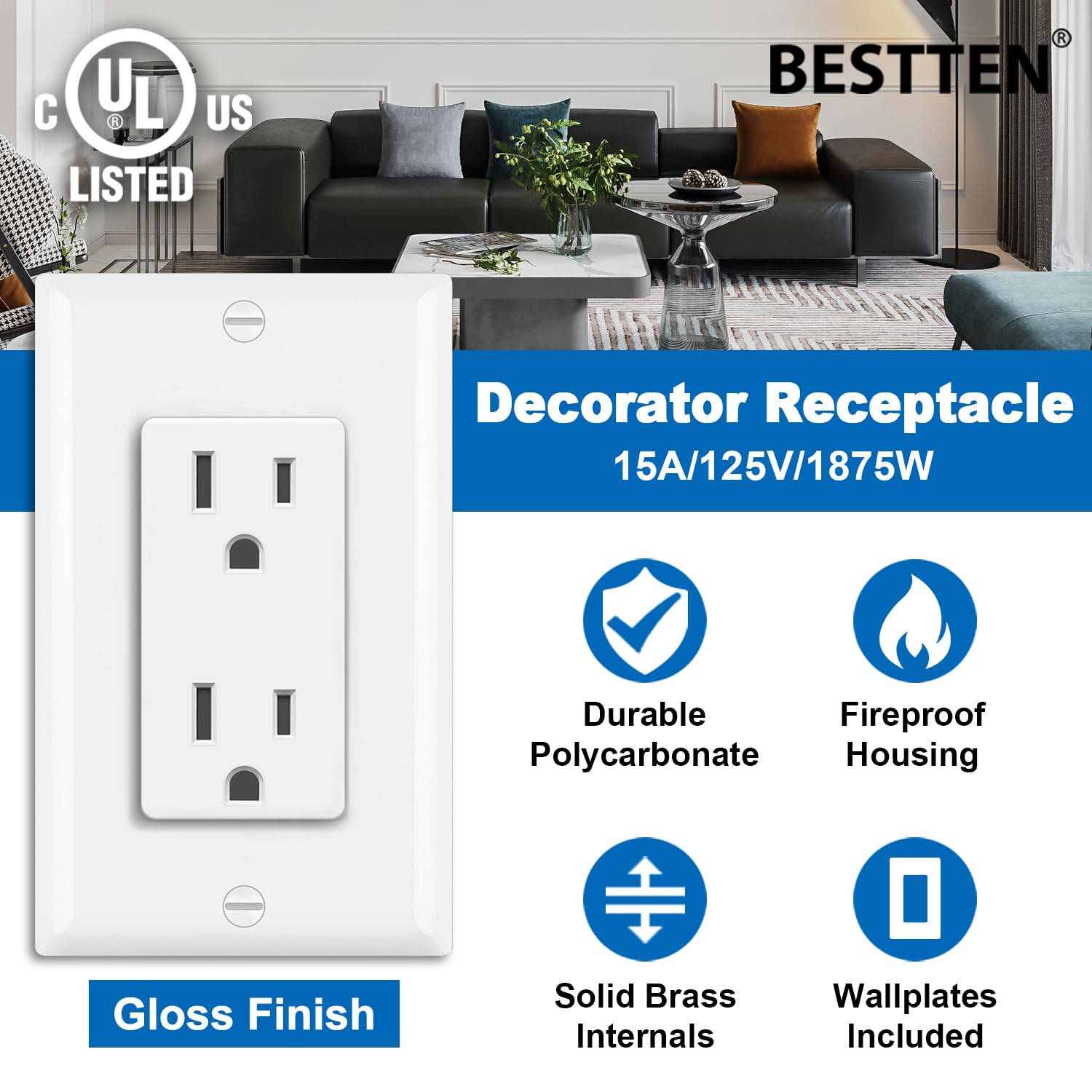 BESTTEN 20 Pack 15 Amp Decorator Wall Receptacle Outlet, Non-Tamper-Resistant, Wallplate Included, 15A/125V/1875W, UL Listed, White 15 Amp 20