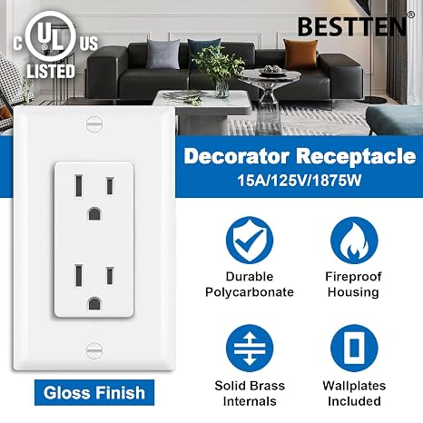 BESTTEN 30 Pack 15 Amp Receptalce Outlet with Wall Plate, UL Listed, White