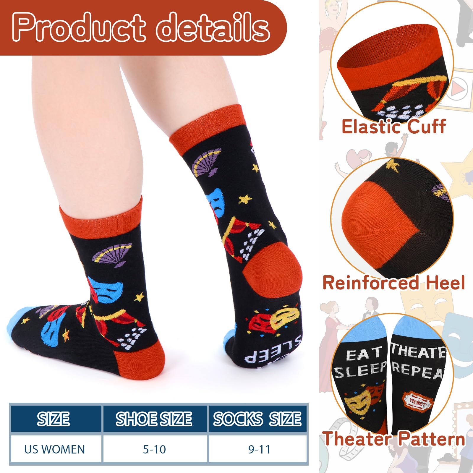 4 Pack Theatre Gift Set for Musical Theater Lovers Canvas Tote Makeup Bag Crew Socks Leather Notebook for Broadway Actors Drama Students Birthday Graduation Gifts