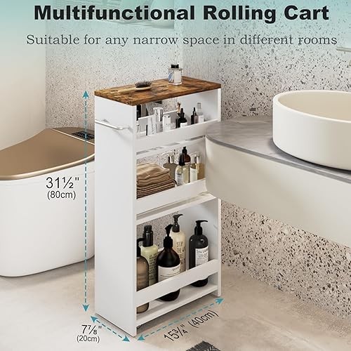 Miniatura 3 de MARTY Carrito de almacenamiento rodante de 7.9 pulgadas de ancho, carrito de cocina blanco de 4 niveles con ruedas, carrito de almacenamiento
