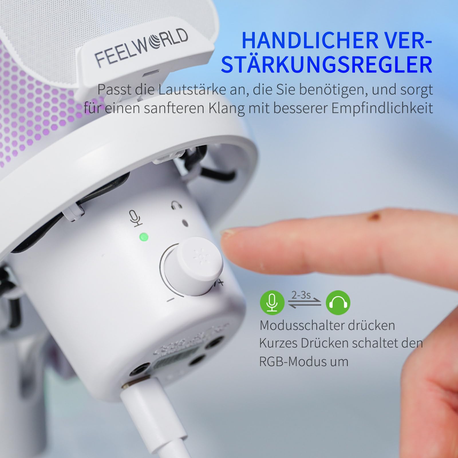 FEELWORLD VM1 USB-Gaming-Mikrofon mit Kragarmständer für die Aufnahme von Podcasts, Videospielen, Studio-PC-Mikrofon, weiß mit Nierencharakteristik, RGB-Beleuchtung, Anti-Spray-Mesh