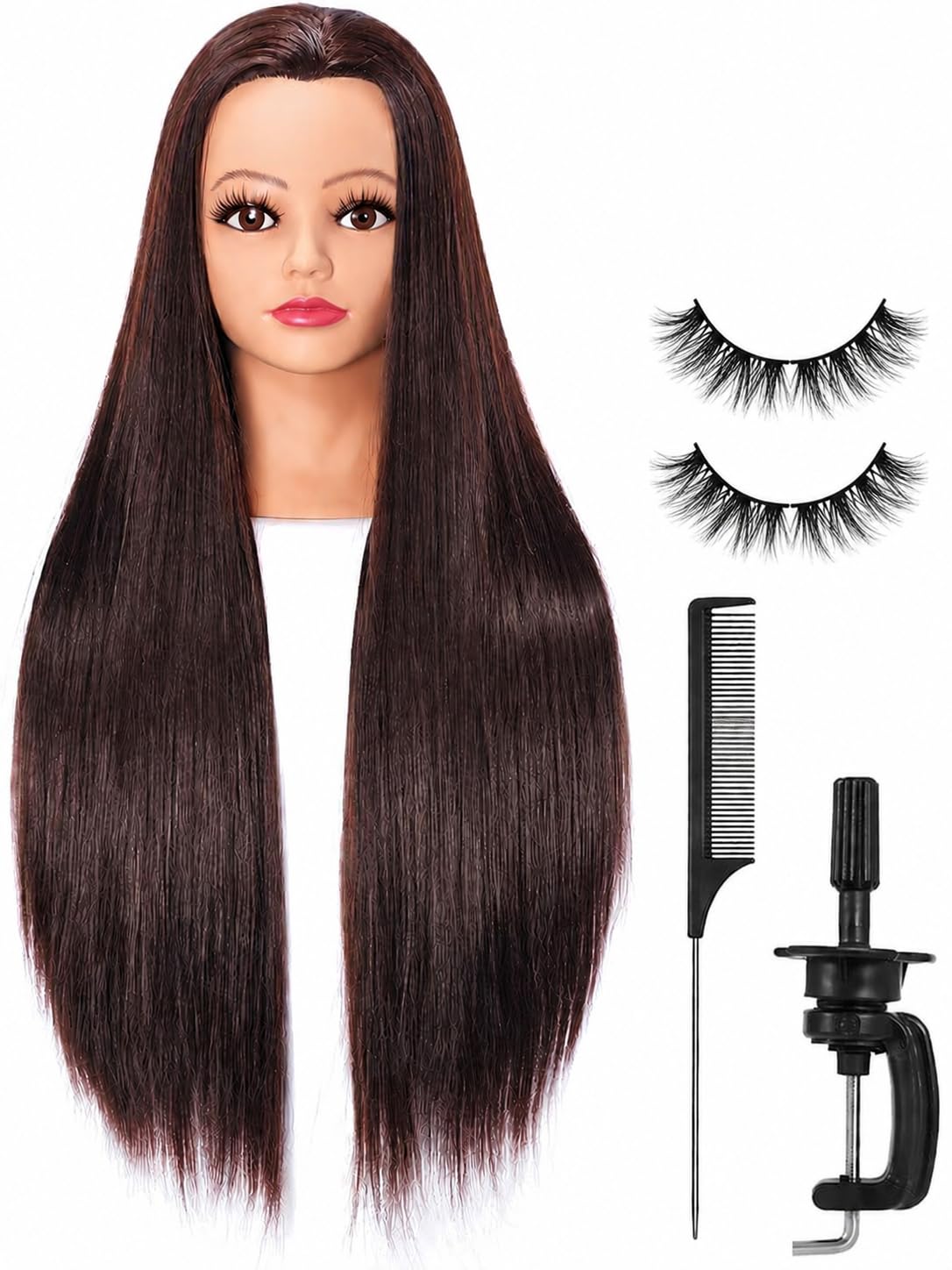 7CATS 28-30inch Brown Hair Mannequin for Hairstyle Practice Synthetic Long Hair Training Head Dummy Tail Comb nd Eyelash-image-44