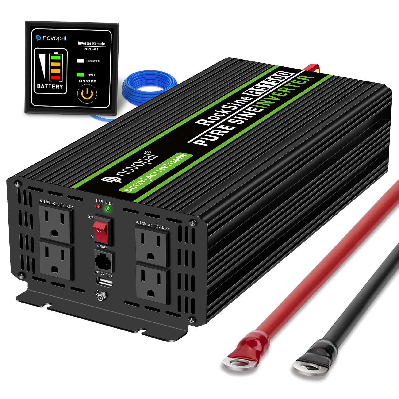 Novopal 1500W Pure Sine Wave Inverter, 12V DC to 110V/120V AC Car Power Converter, DC-AC Power Inverter with 4 Outlets, High-Power Interface，16ft