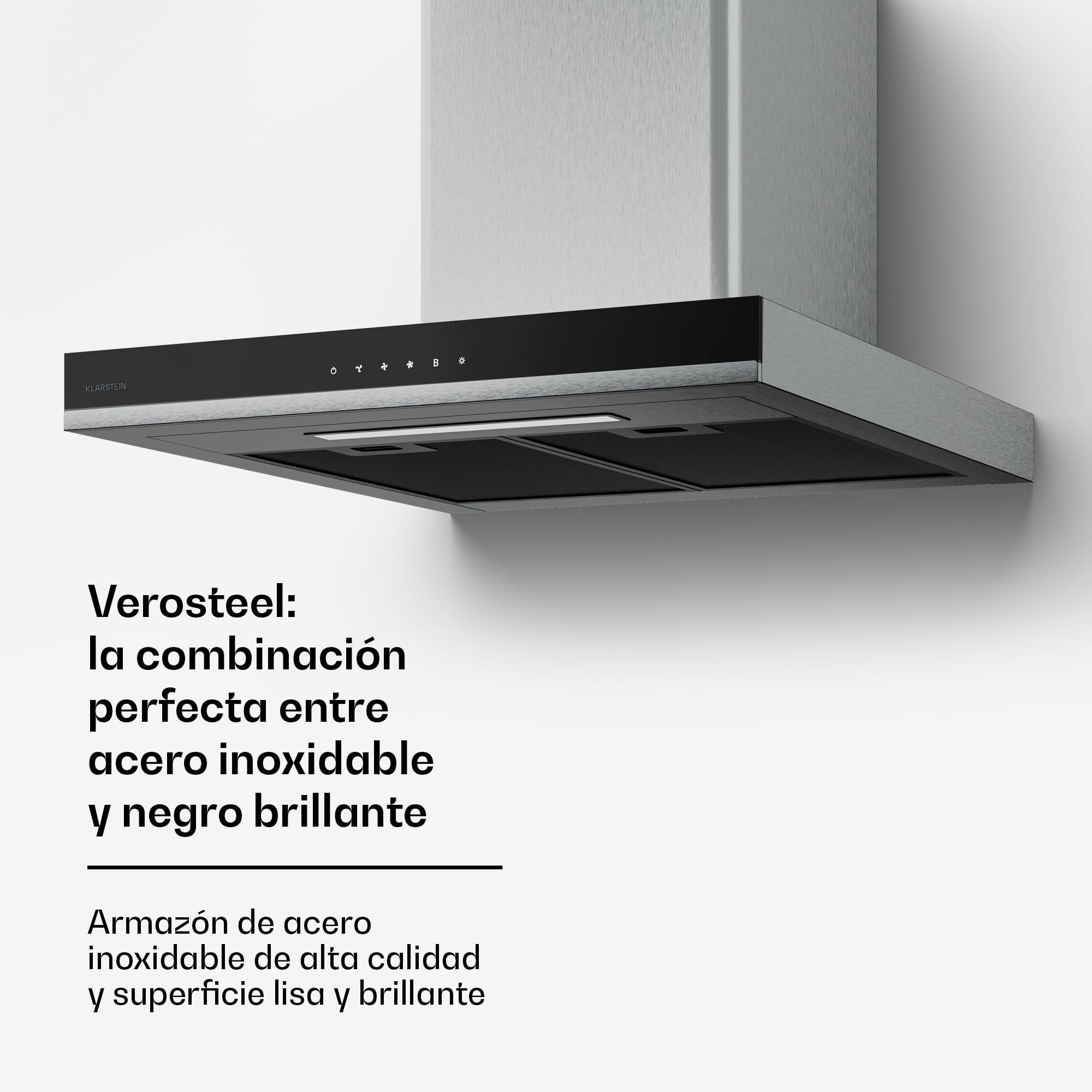 Klarstein Verosteel Campana Extractora 60 cm - 881,6 m³/h, A++, LED, 3 Velocidades + Boost, Filtros Lavavajillas & Carbón, Acero Inoxidable, Táctil, Silenciosa, Cocina