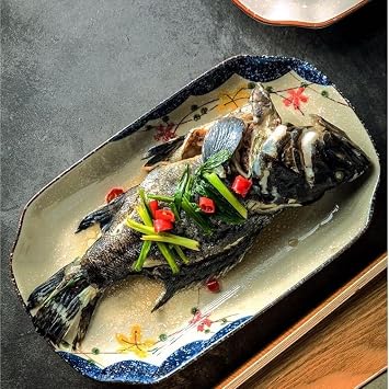 Dinner Plates Chinese Fish Plate Steamed Fish Special Rectangular Plate Dish Plate Home Retro Tableware Ceramic Deep Plate Large Dinnerware(C)