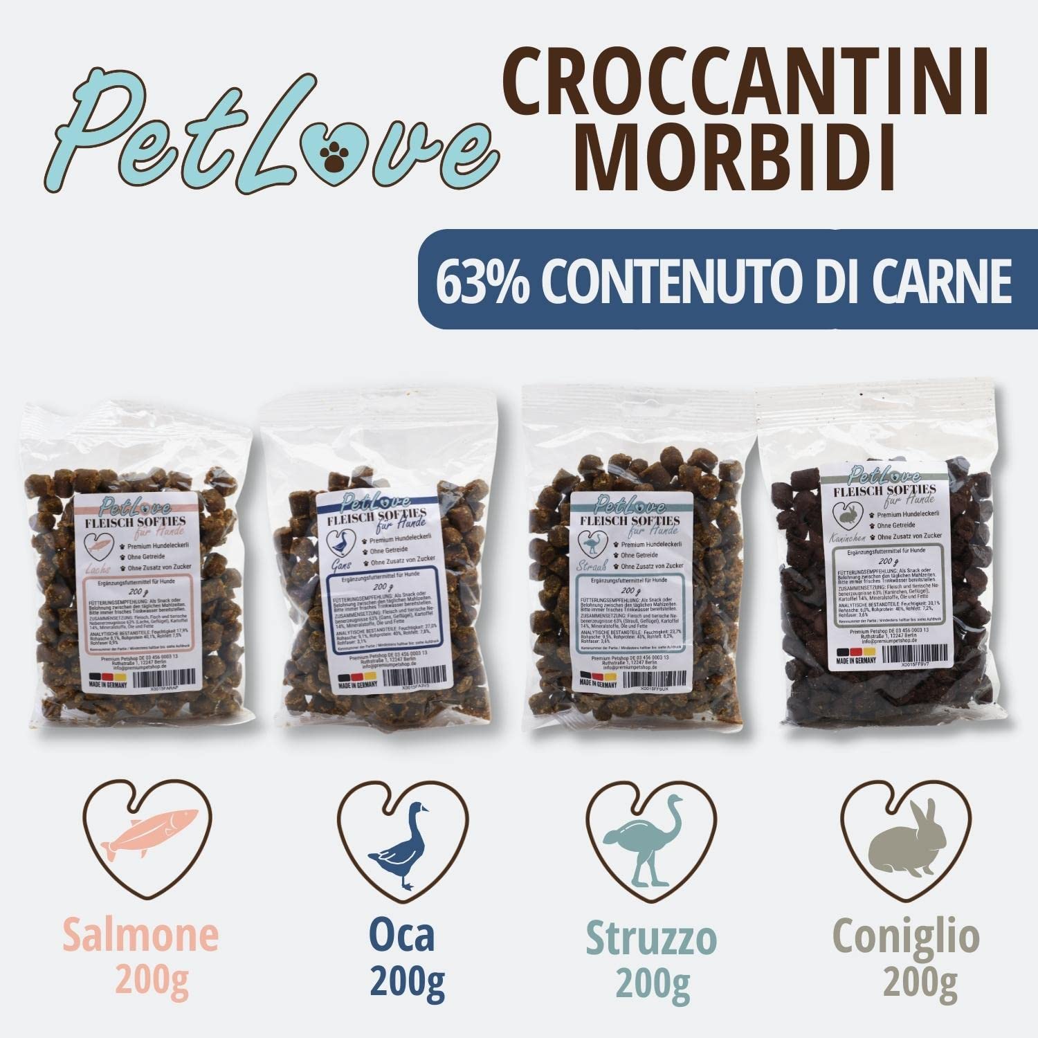 PetLove Croccantini di Carne Morbidi per Cani • Crocchette per Cani Senza Cereali • Contenuto di Carne 63% • Snack per Allenamento Cani • Mix Carni (Oca, Salmone, Coniglio, Struzzo) • 24 x 200 g