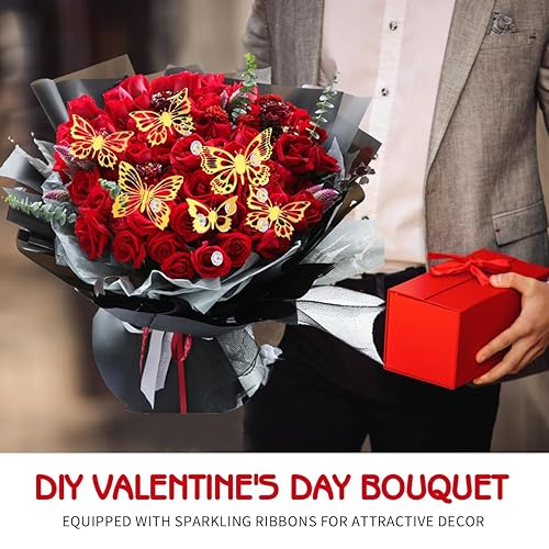 Miniatura 5 de 40 hojas de papel de regalo de flores impermeables con 48 piezas de decoración de mariposa dorada 3D, 100 alfileres de perlas y cinta de satén de 25