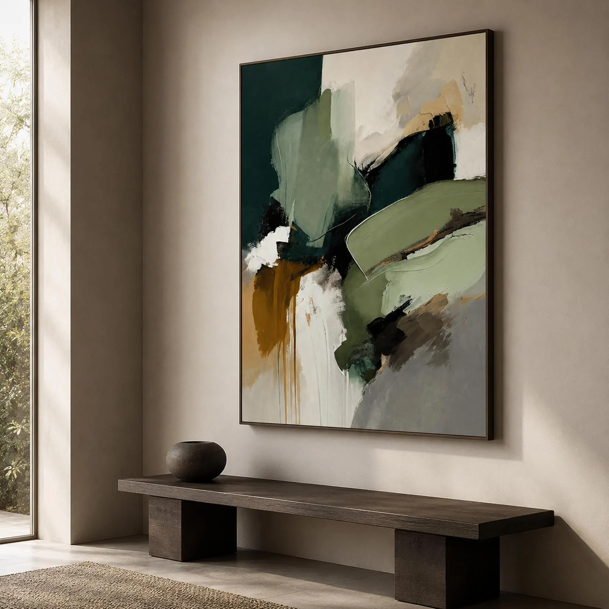 UUDEZO Cuadro decorativo de pared en tonos verdes neutros, lienzo con textura de pintura al óleo abstracta moderna (90x110 cm (35x43 pulgadas)