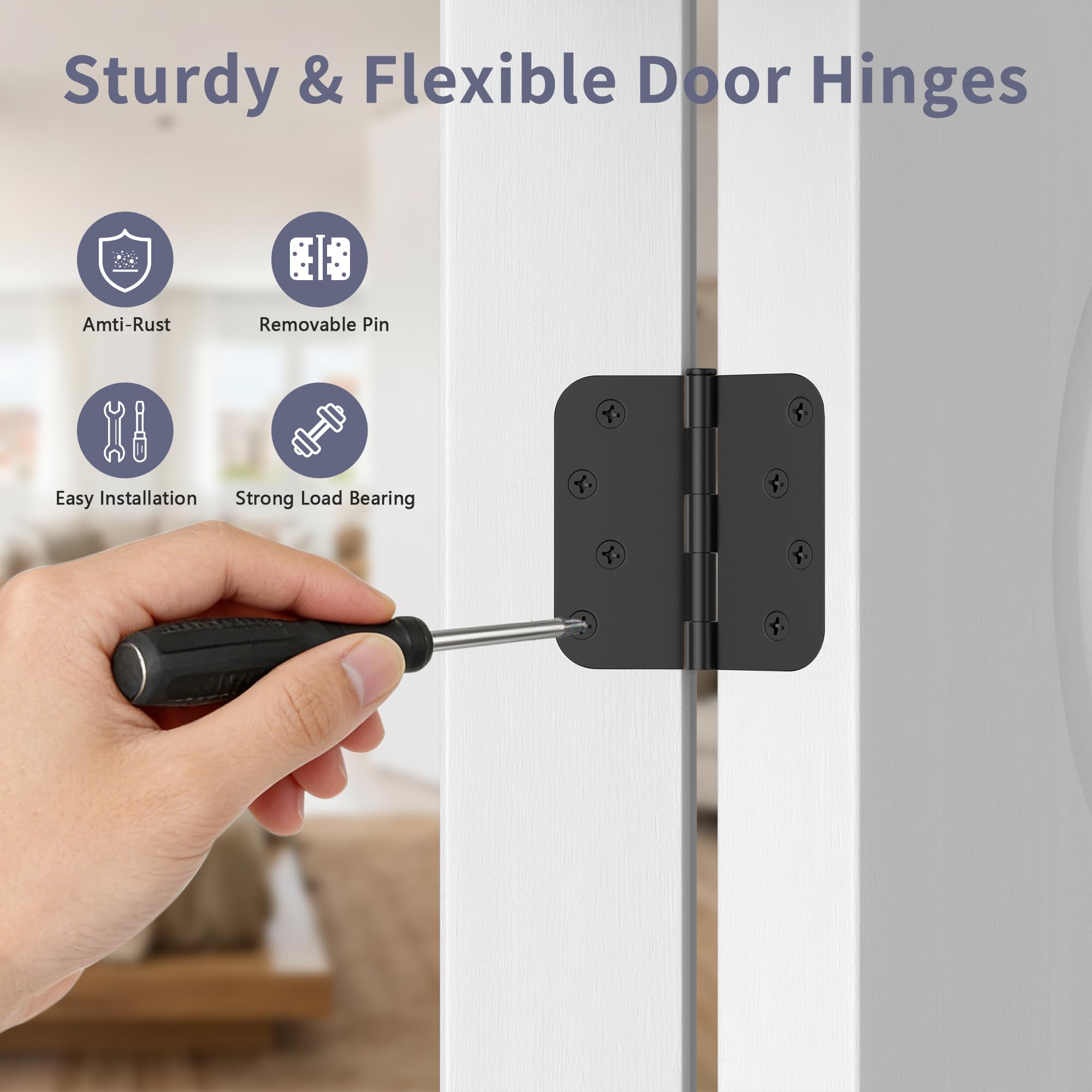 Paquete de 6 bisagras de puerta de 4 pulgadas, bisagras negras mate con radio de 5/8 pulgadas y esquinas cuadradas, pasador extraíble, bisagras de puerta exterior, perfectas para puerta delantera y