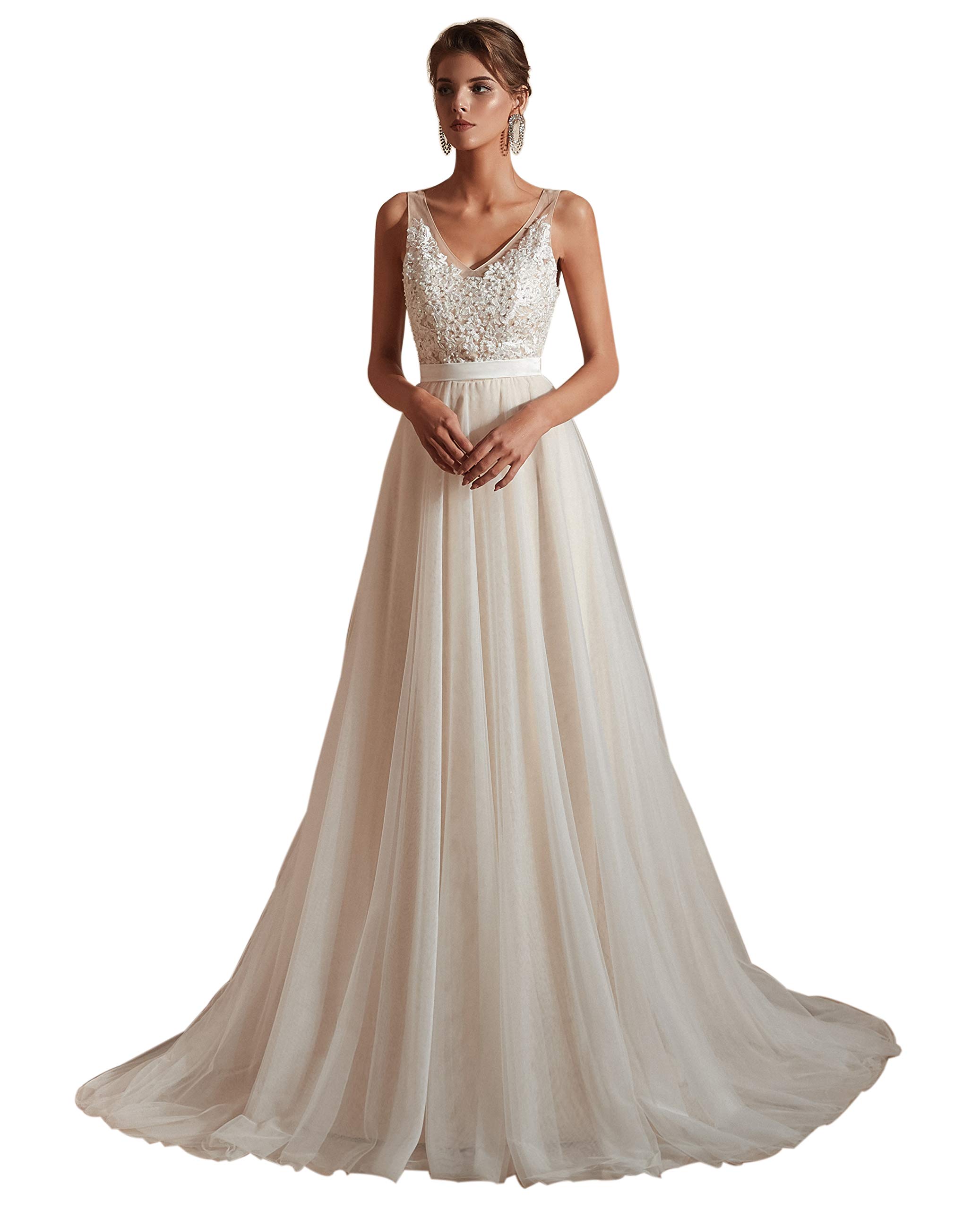 Women's V-Neck A-line Lace Tulle Long Beach Wedding Dresses for Bride (US2, Ivory-2 (Champagne Lining))