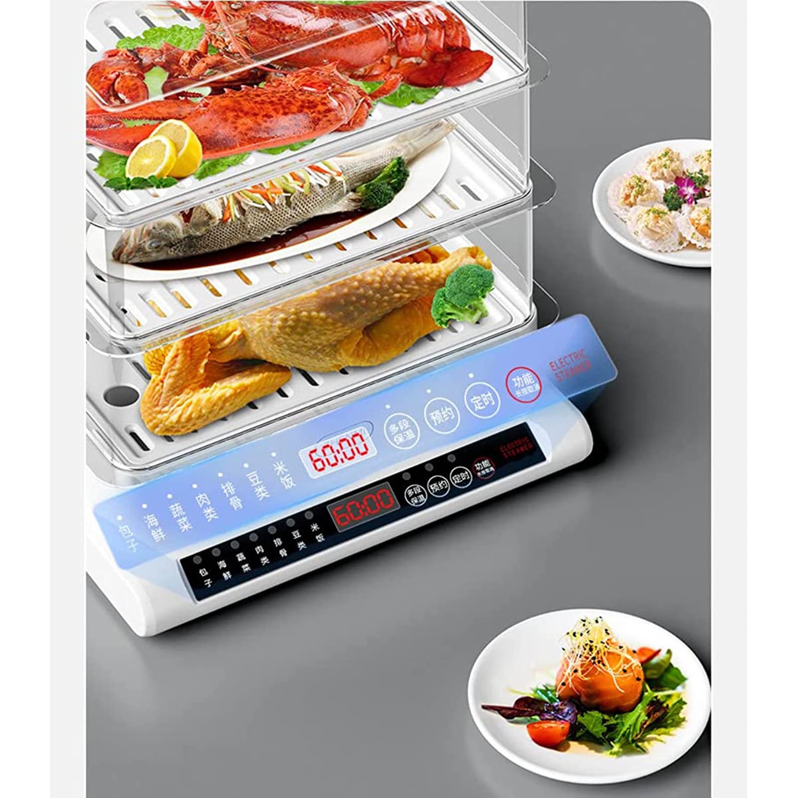 Vaporiera a 3 Livelli, Multi-fornello da 20 Litri, Cottura Rapida Simultanea in 60 Minuti, 7 modalità di Cottura Preimpostate, Cestelli Impilabili per Verdure O Carne, 800 W
