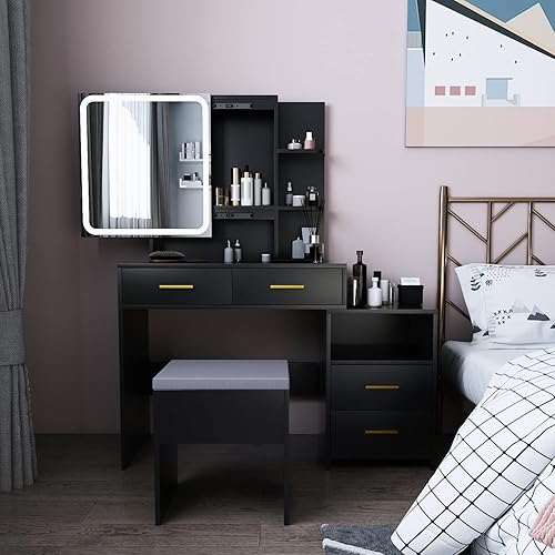 Miniatura 3 de Lighted Mirror Vanity Table Set - Vanity Makeup Desk with Chair - Makeup Table with Adjustable 3-color LED Lights - Dressing Table with 4 Drawers, 2