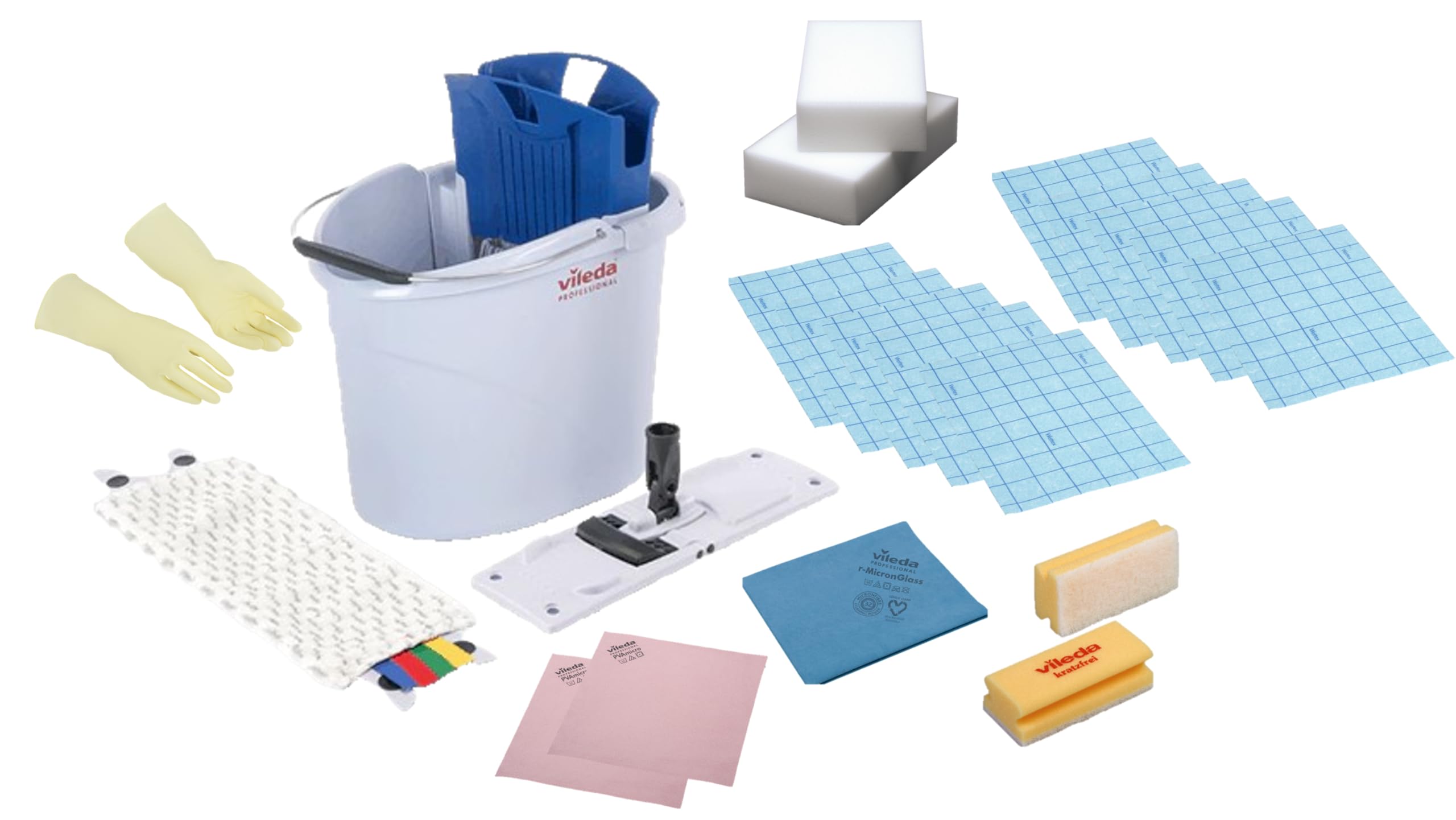 Vileda Professional Juego de mopa UltraSpeed Mini Kit, Mopa Pisos giratoria – 1 Microfibra PVAmicro, 1 paño Azul, 1 Cubo, 1 mopa rápida, 10 paños absorbentes