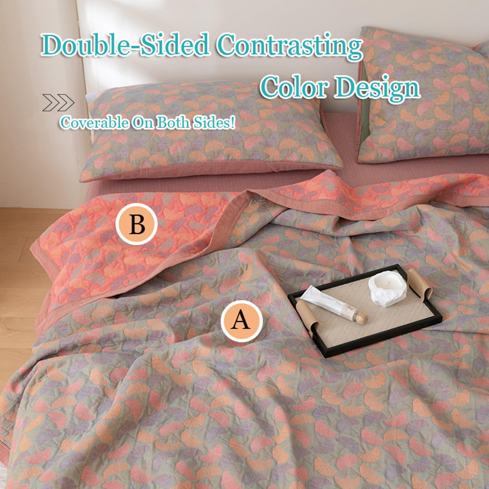 EdredóN Reversible de Hojas de Ginkgo, Colcha de Muselina de AlgodóN con Hojas de Ginkgo Suave Y Transpirable Juego de Ropa de Cama de 3 Piezas Manta Lavable A MáQuina(E,150 * 240cm/59 * 94")