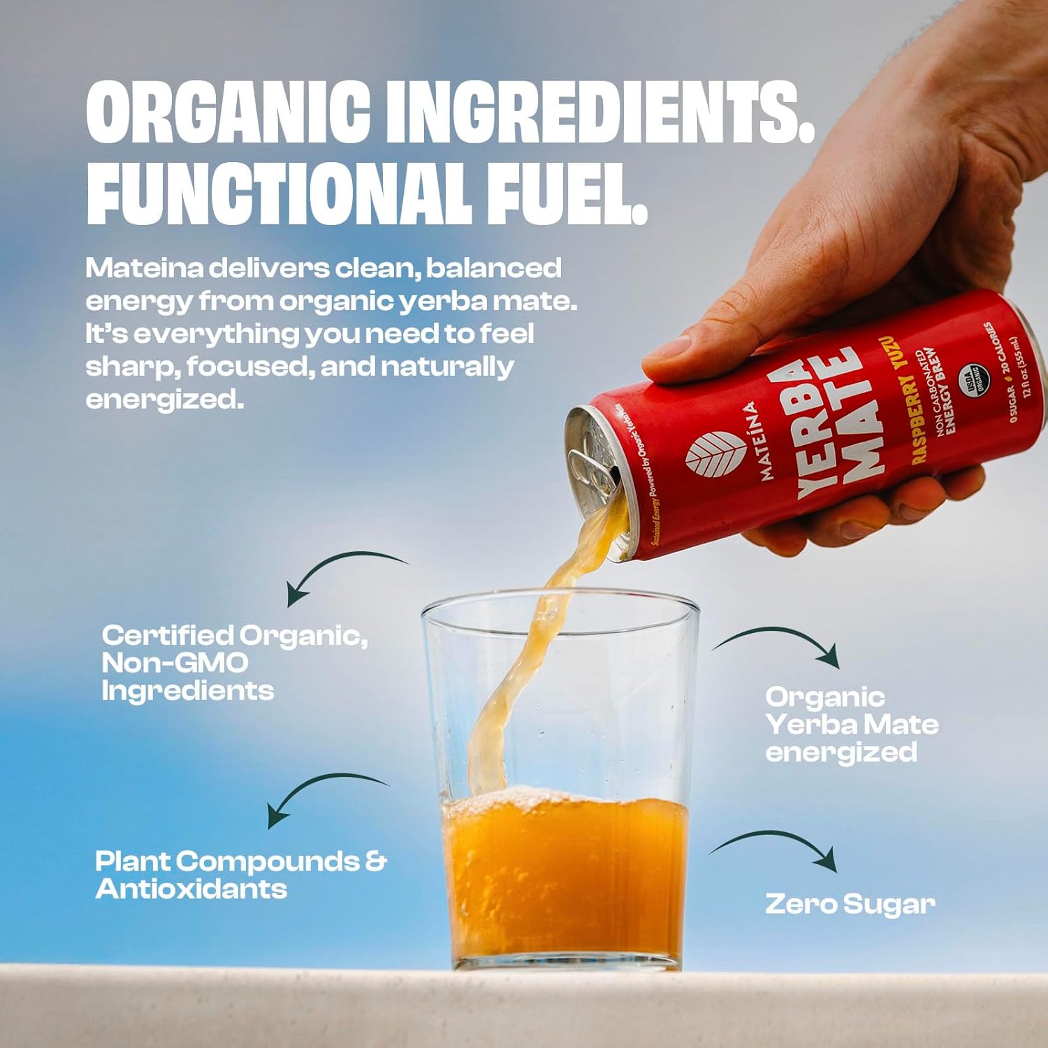 Mateina Yerba Mate Zero Sugar Energy Drink – 120mg Natural Caffeine – Organic, Non-GMO, Non-Carbonated – Dr. Andrew Huberman Recommended – (12 fl oz Cans, 12 Pack) Raspberry Yuzu