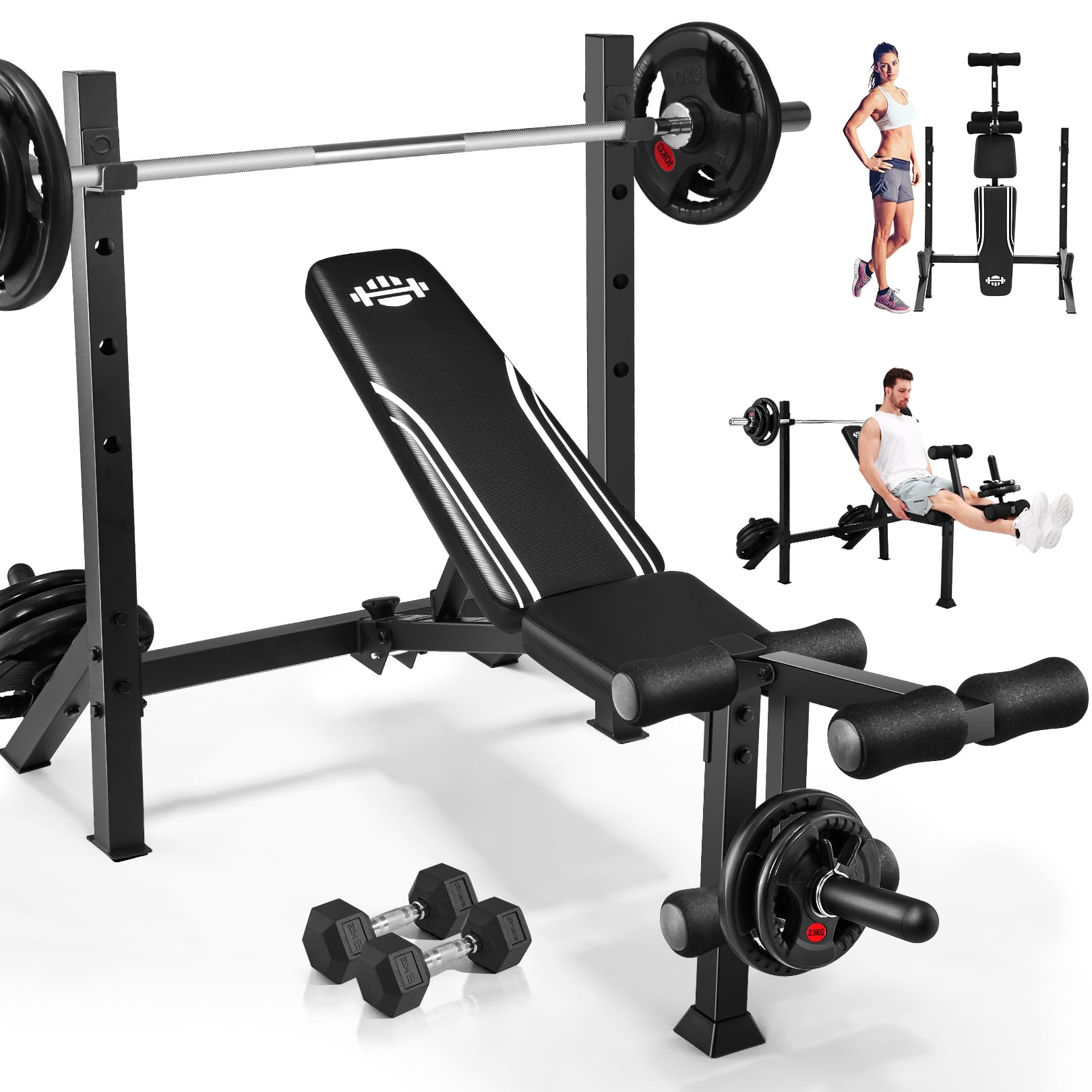 Adjustable Weight Bench Press Set 900LBS with 72''W Squat Rack & Leg Extension/Curl Foldable Workout Bench for Full Body Fitness Flat/Incline/Decline Upgrade Weight Benches for Home Gym