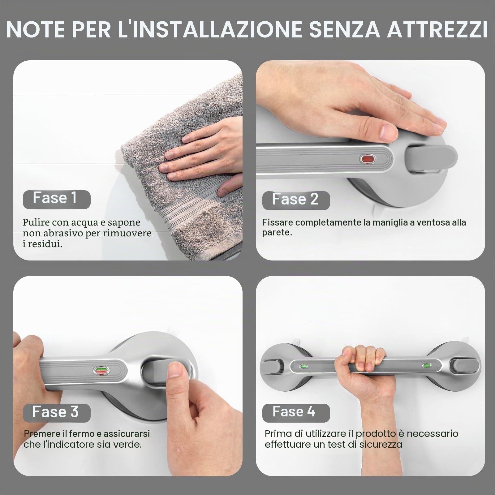 Newthinking Maniglia lunga a ventosa per bagno, maniglia doccia a ventosa da 40,6 cm con indicatore, maniglia portatile di sicurezza a ventosa per la mobilità per anziani disabili (2, argento)