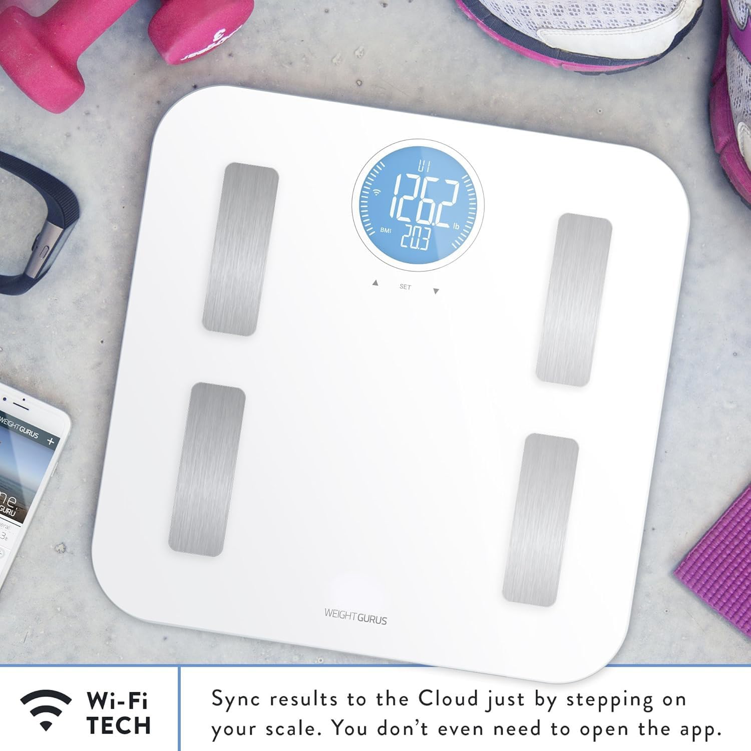 Weight Gurus WiFi Smart Connected - Báscula de grasa corporal con pantalla LCD grande retroiluminada (blanco + inoxidable) (blanquecino