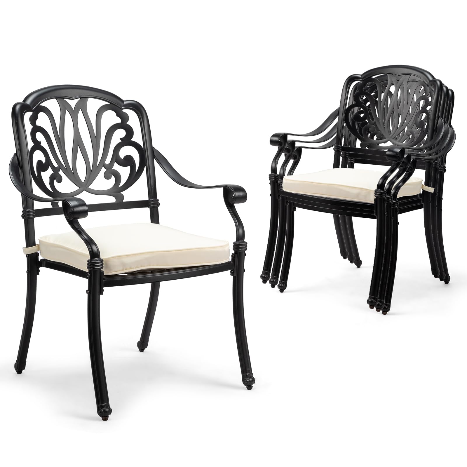 VINGLI 4 Pack Stackable Patio Chairs,- Stackable Outdoor Cast Aluminum Dining Chair