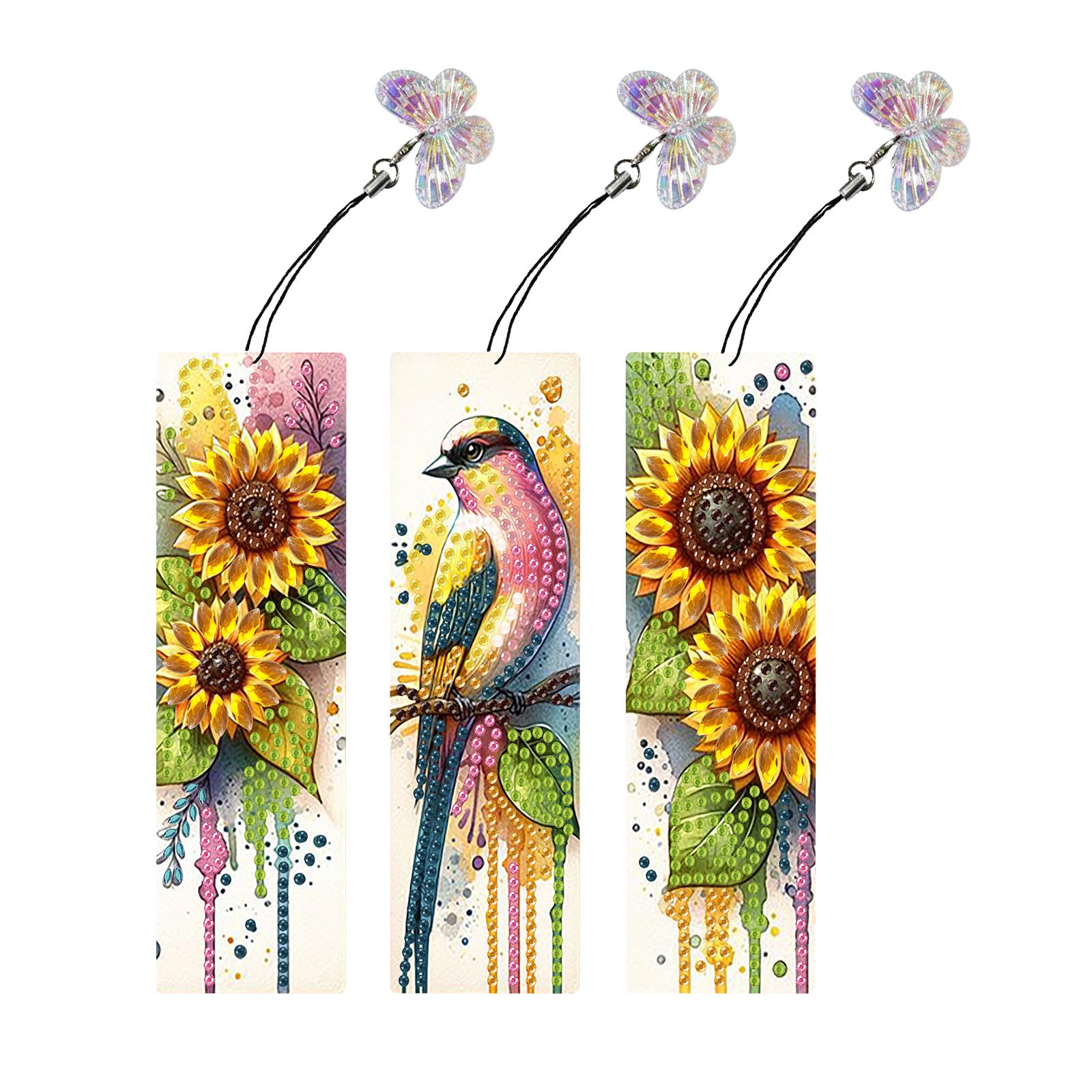 Lebartm 3Pcs DIY Diamond Art Painting Bookmarks with Colorful Butterfly Pendant PET Bookmark Ornament Double Sided Pattern Single Sided Diamond Book Marker Clip Gifts Tags-Sunflower Bird
