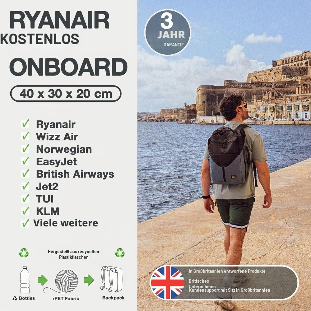 Cabin Max Equator X 40x30x20 cm Kabinenrucksack – Handgepäck Rucksack & Unter-Sitz Tasche mit Laptopfach – Recyceltes RPET Bordgepäck passend für Ryanair, EasyJet, Wizz Air, Eurowings